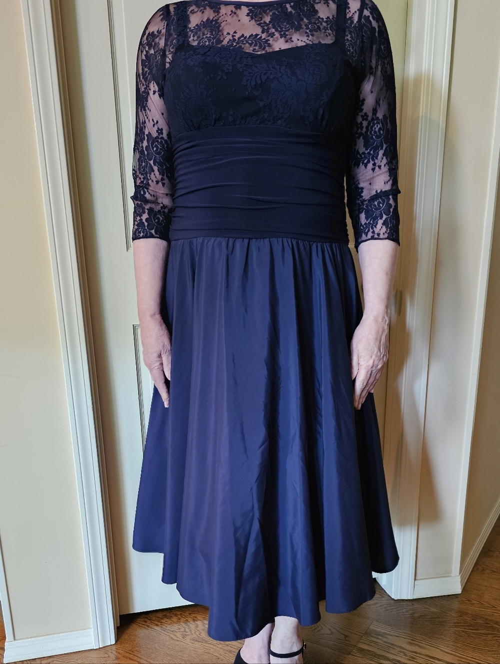 Jessica Howard - Navy - 3/4 Sleeve Illusion Sweatheart Neckline Dress